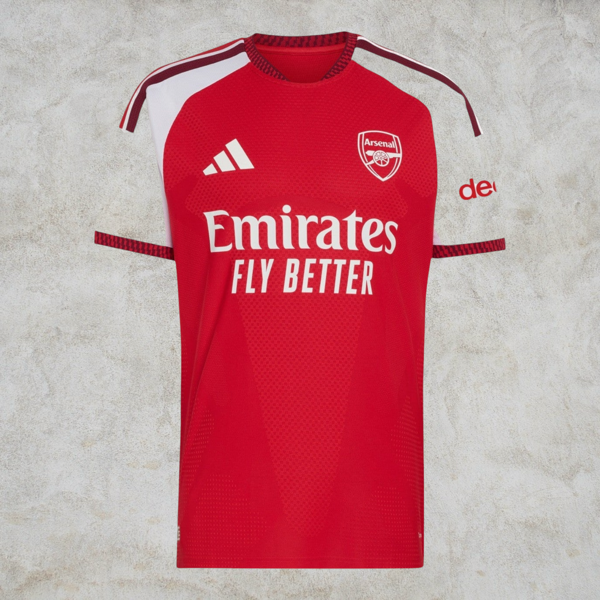 Malvros Arsenal red and white performance soccer jersey with club crest and sponsor logo on moisture-wicking fabric