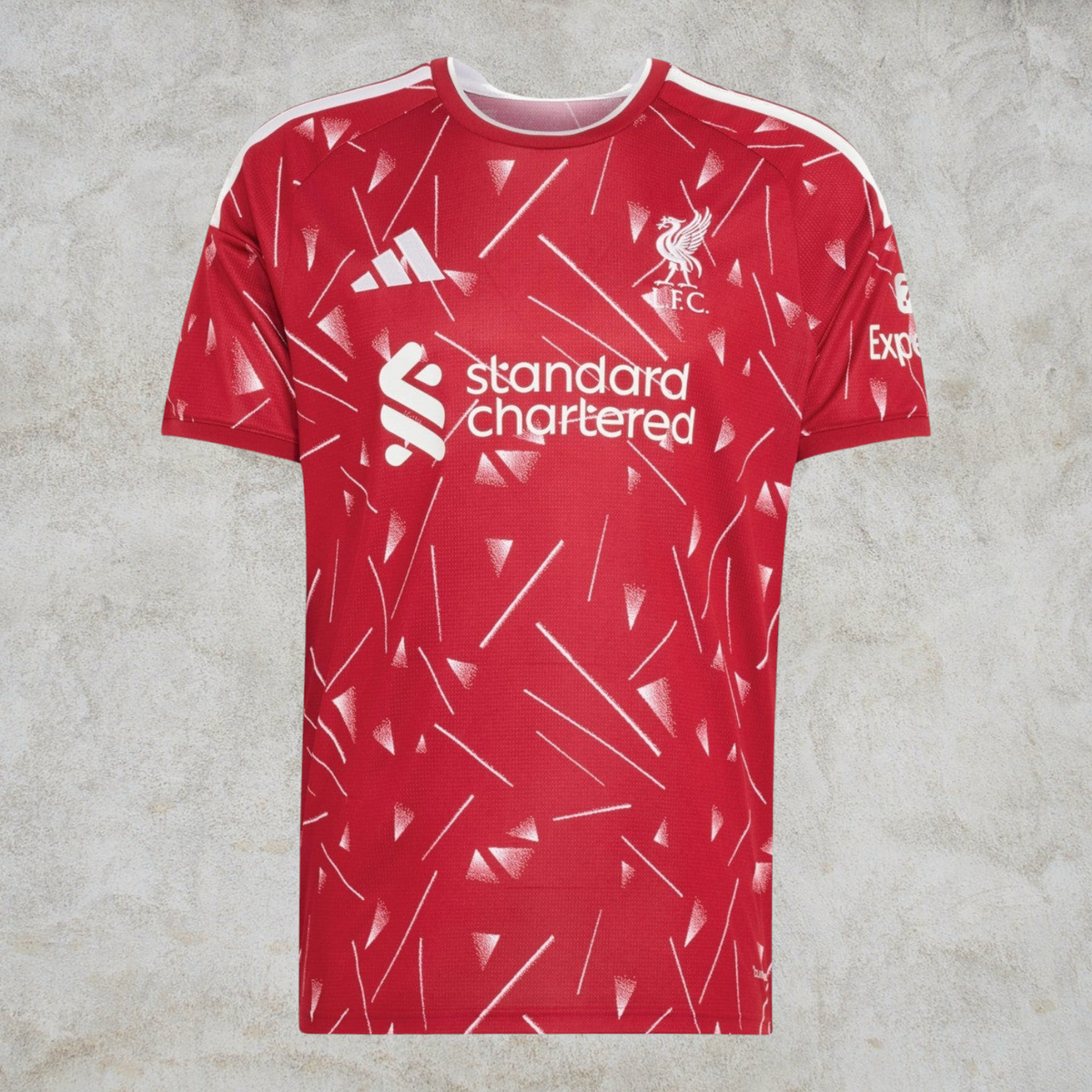 Malvros red Liverpool FC performance soccer jersey with white geometric pattern, club crest, and sponsor logos.