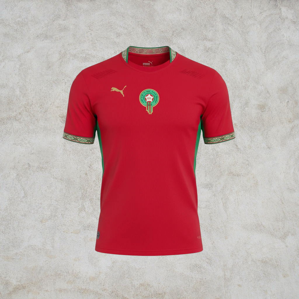 Malvros Morocco national team red soccer jersey with green accents, gold Puma logo, and embroidered team crest.
