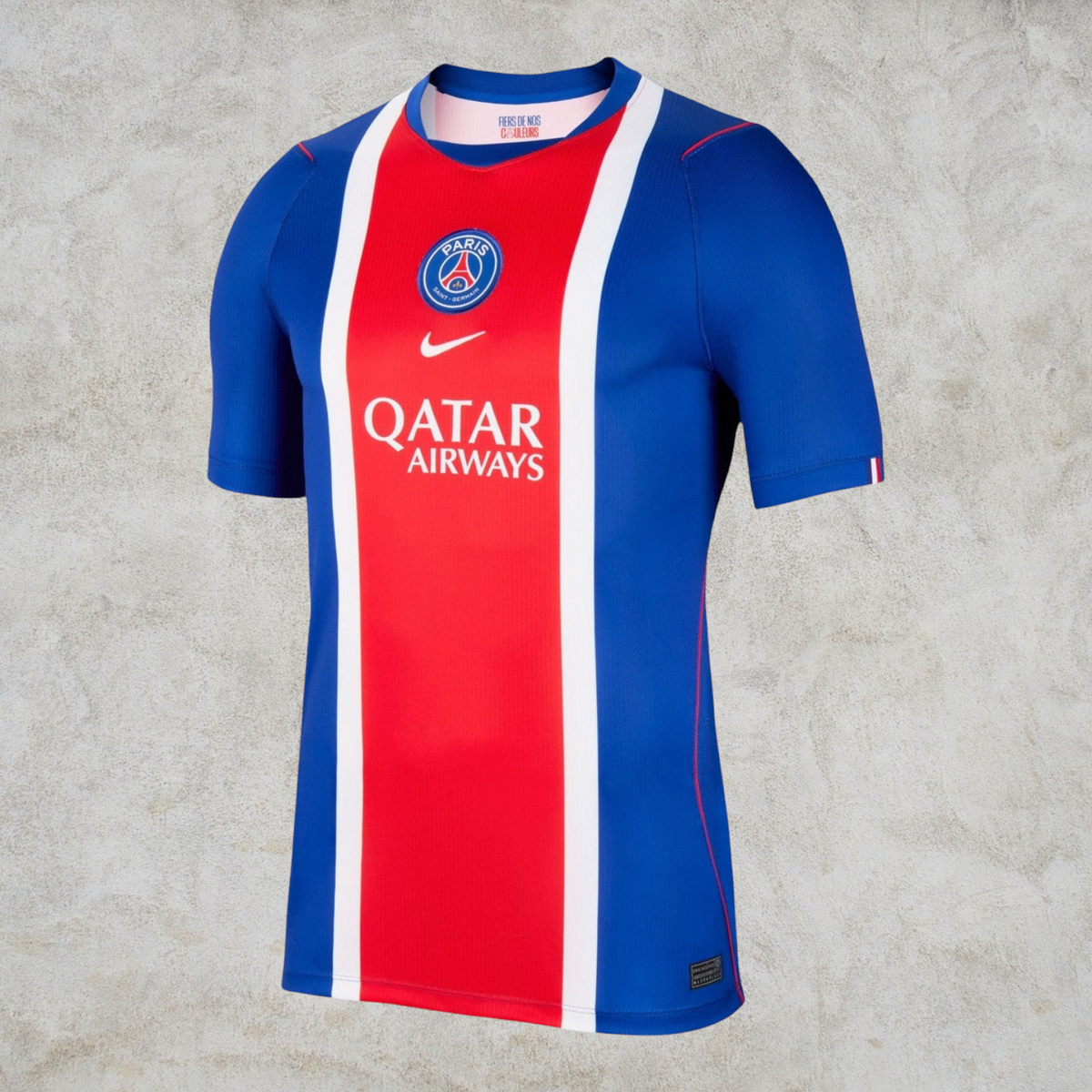 Malvros Paris Saint-Germain blue and red performance soccer jersey with white stripe and sponsor logo