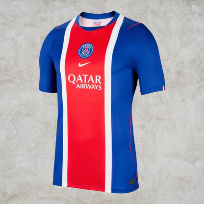 Malvros Paris Saint-Germain blue and red performance soccer jersey with white stripe and sponsor logo