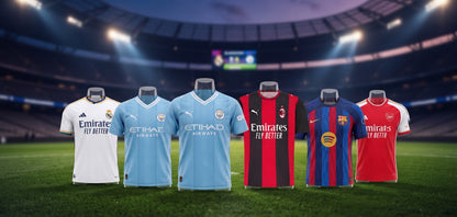 Malvros collection of professional soccer club performance jerseys displayed on a stadium pitch.
